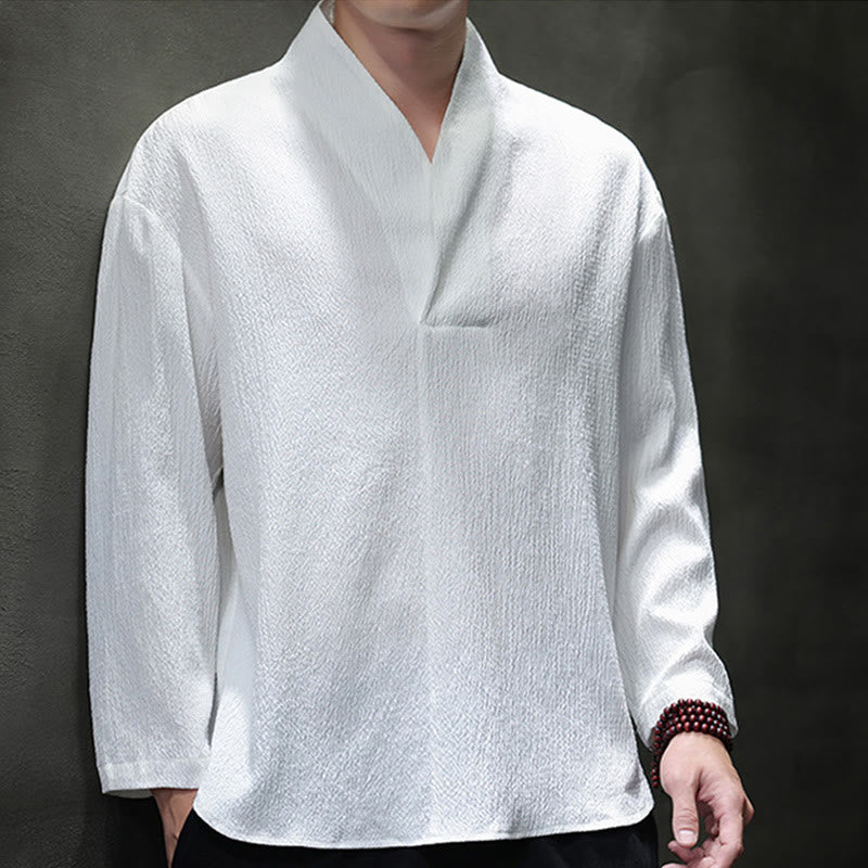 Tactile Cotton Minimalist Grounding Long-Sleeve V-Neck Shirt
