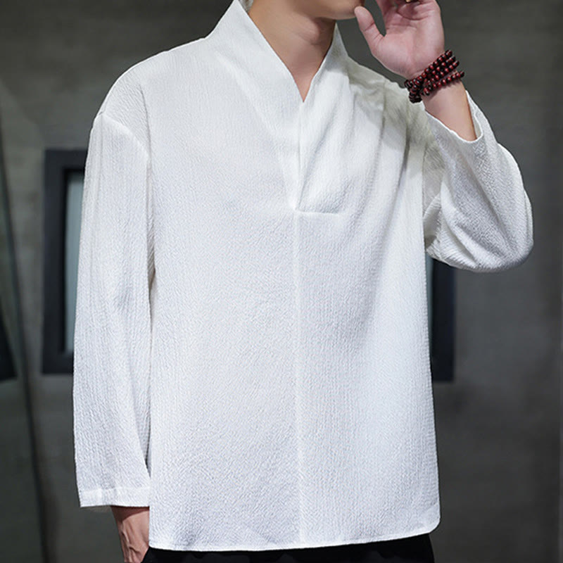 Tactile Cotton Minimalist Grounding Long-Sleeve V-Neck Shirt