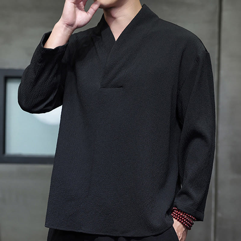 Tactile Cotton Minimalist Grounding Long-Sleeve V-Neck Shirt