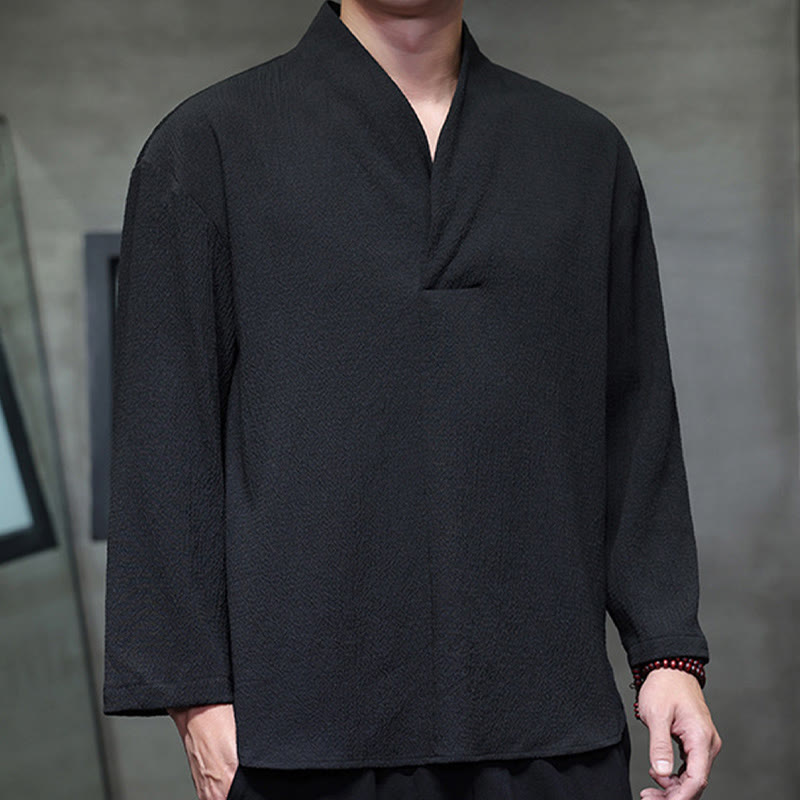 Tactile Cotton Minimalist Grounding Long-Sleeve V-Neck Shirt