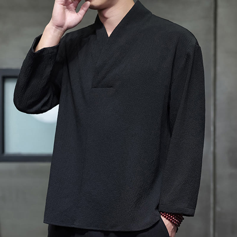 Tactile Cotton Minimalist Grounding Long-Sleeve V-Neck Shirt