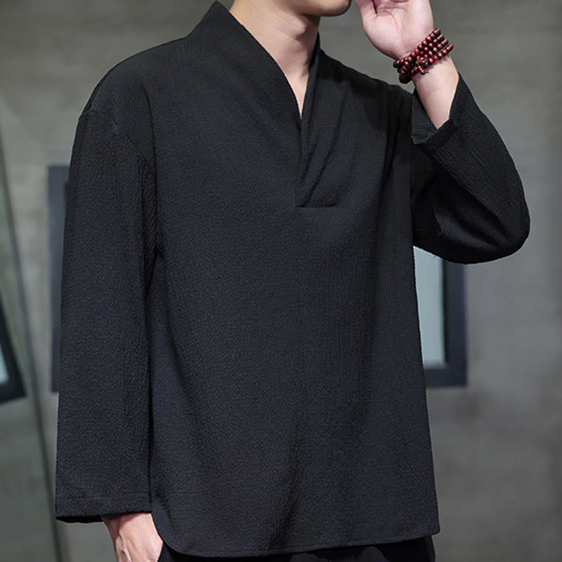 Tactile Cotton Minimalist Grounding Long-Sleeve V-Neck Shirt