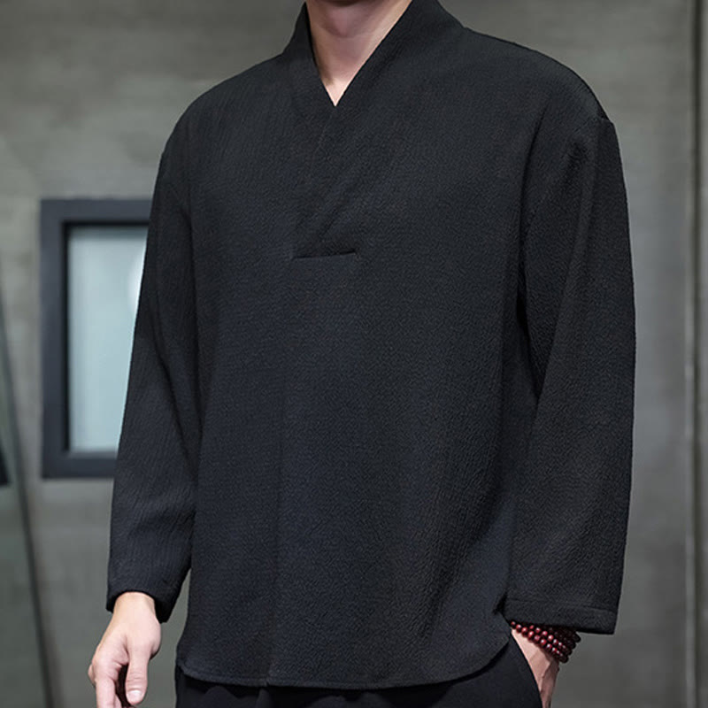 Tactile Cotton Minimalist Grounding Long-Sleeve V-Neck Shirt