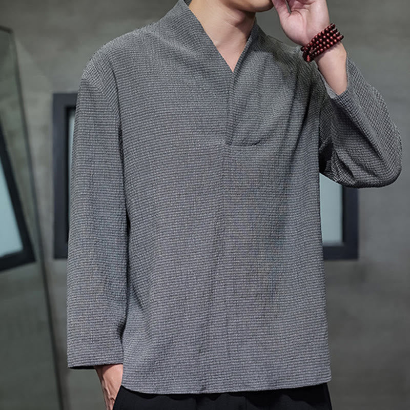 Tactile Cotton Minimalist Grounding Long-Sleeve V-Neck Shirt