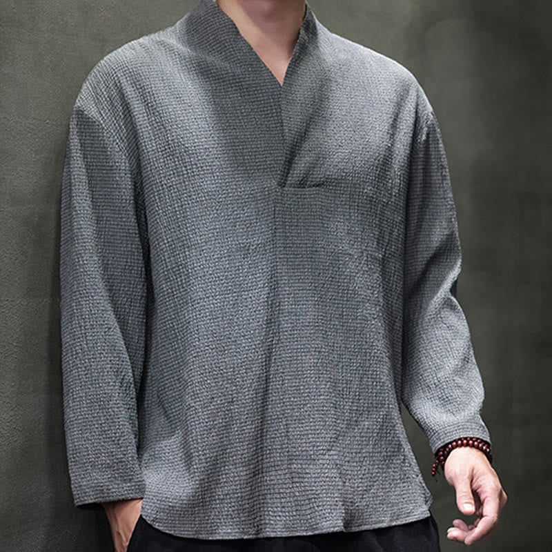 Tactile Cotton Minimalist Grounding Long-Sleeve V-Neck Shirt