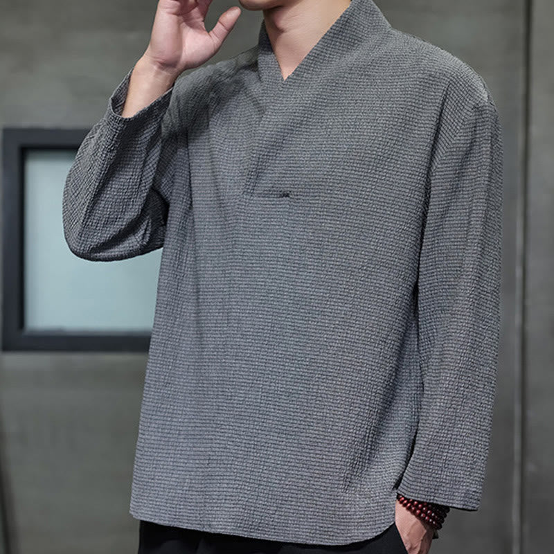 Tactile Cotton Minimalist Grounding Long-Sleeve V-Neck Shirt