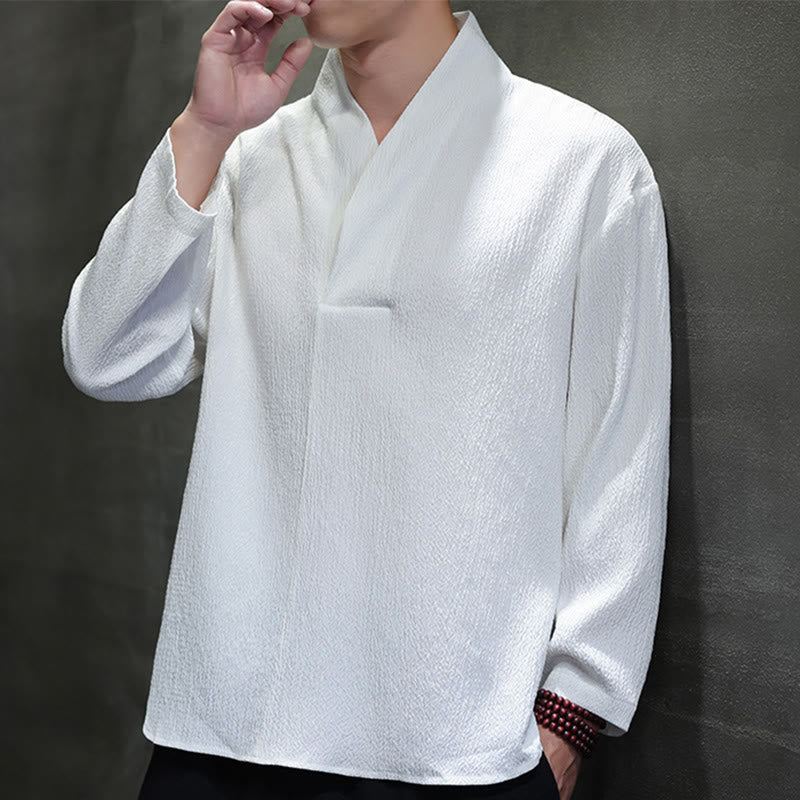 Tactile Cotton Minimalist Grounding Long-Sleeve V-Neck Shirt