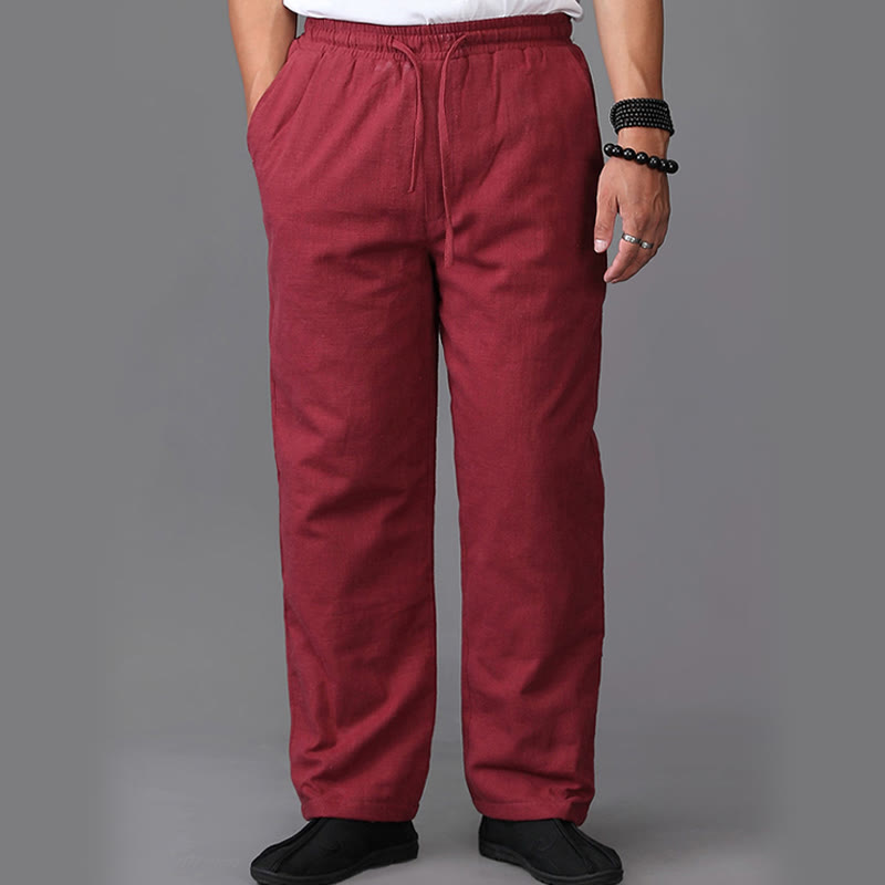 Winter Men's Fleece Lined Drawstring Linen Pants With Pockets
