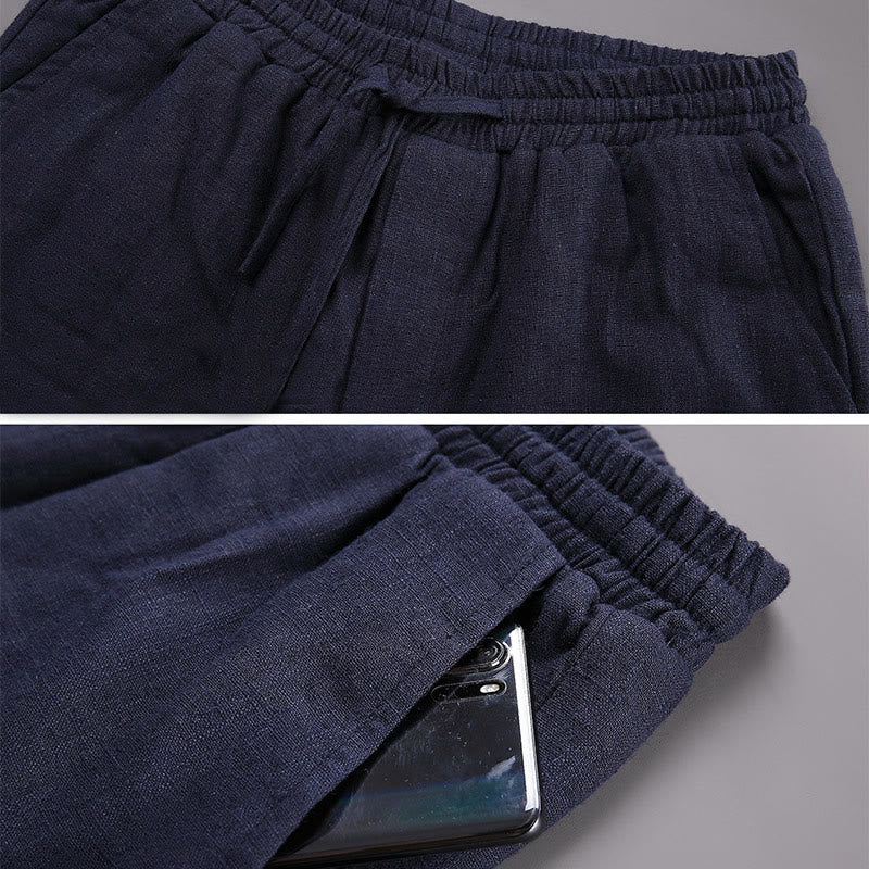 Winter Men's Fleece Lined Drawstring Linen Pants With Pockets
