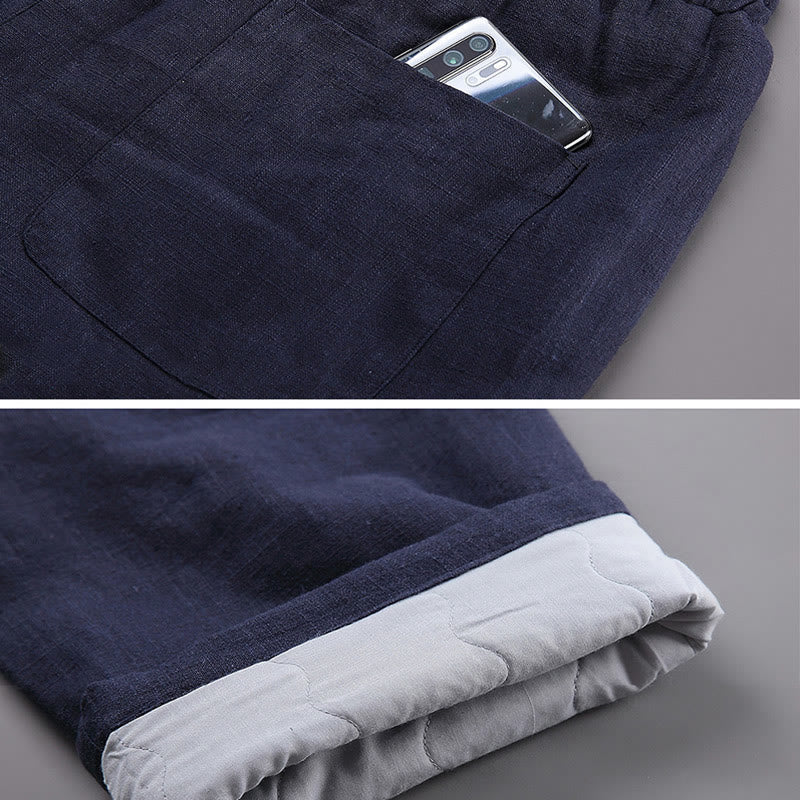 Winter Men's Fleece Lined Drawstring Linen Pants With Pockets