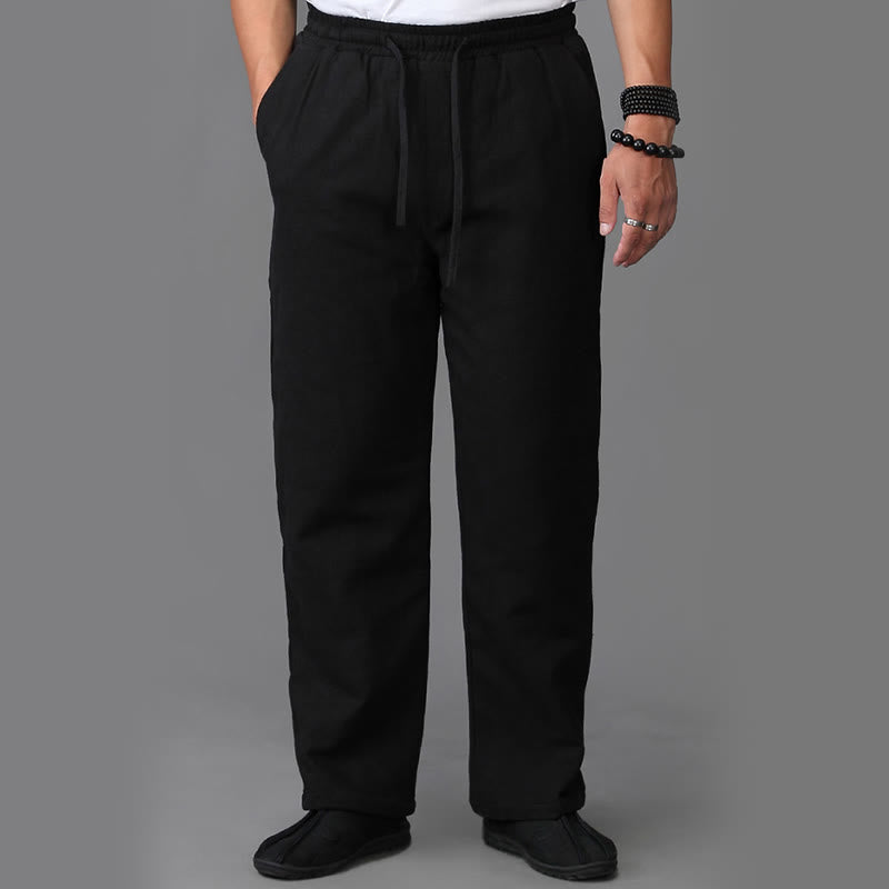 Winter Men's Fleece Lined Drawstring Linen Pants With Pockets