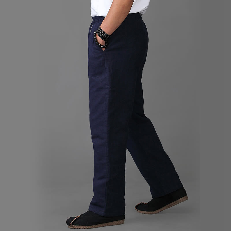Winter Men's Fleece Lined Drawstring Linen Pants With Pockets