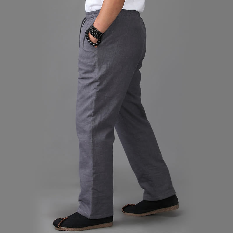 Winter Men's Fleece Lined Drawstring Linen Pants With Pockets