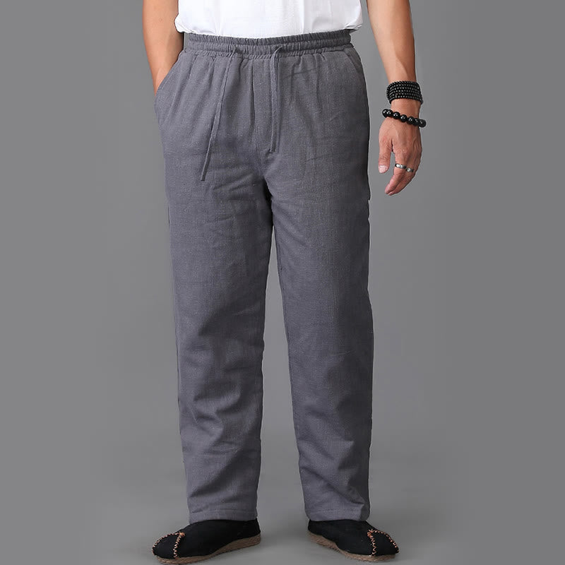 Winter Men's Fleece Lined Drawstring Linen Pants With Pockets