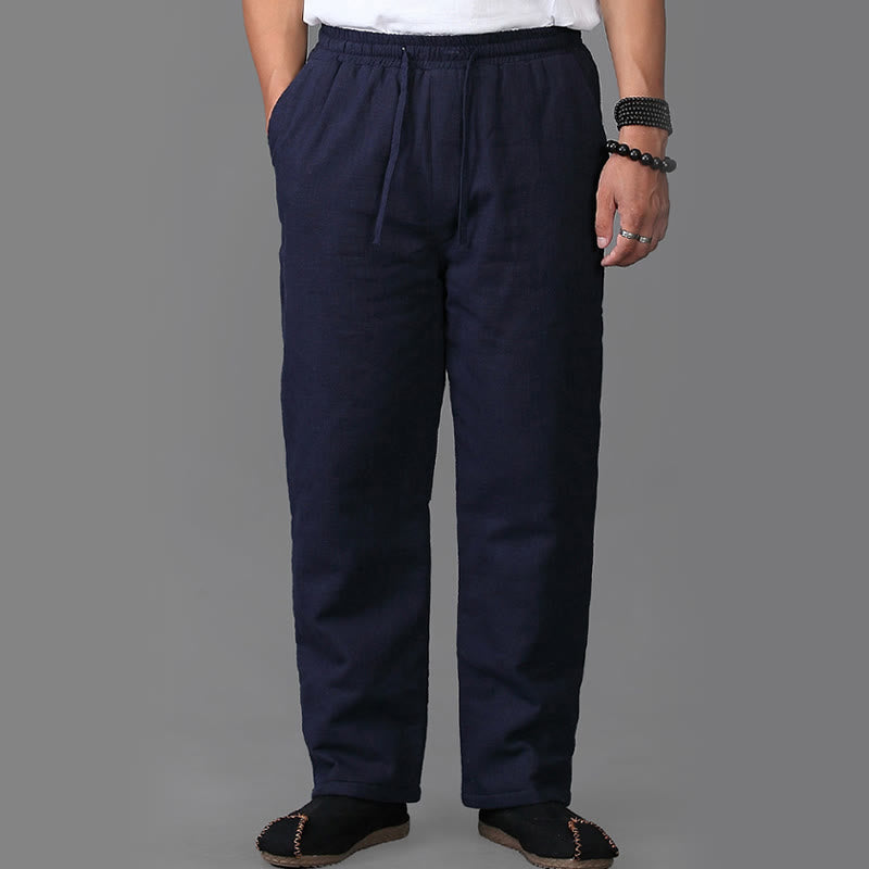 Winter Men's Fleece Lined Drawstring Linen Pants With Pockets