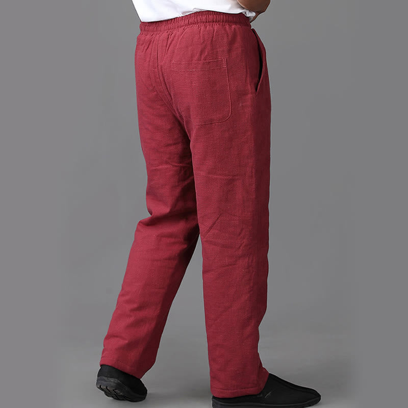 Winter Men's Fleece Lined Drawstring Linen Pants With Pockets