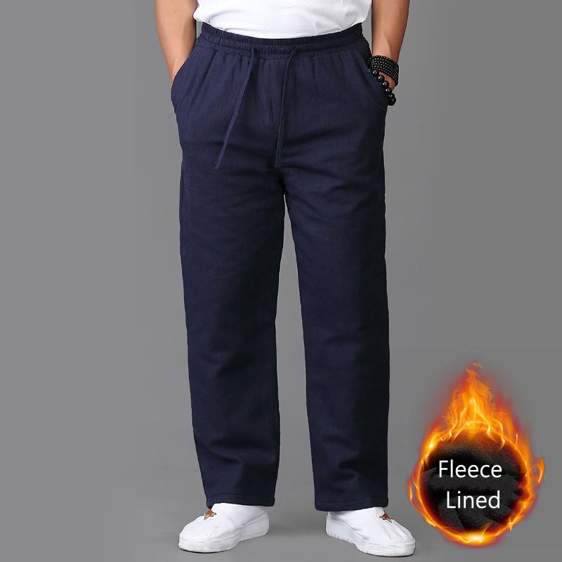 Winter Men's Fleece Lined Drawstring Linen Pants With Pockets