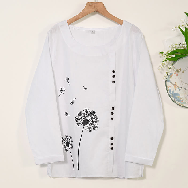 Casual Dandelion Long Sleeve Round Neck Shirt Cotton Linen Women's Shirts