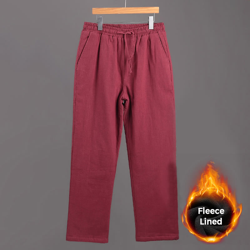 Winter Men's Fleece Lined Drawstring Linen Pants With Pockets