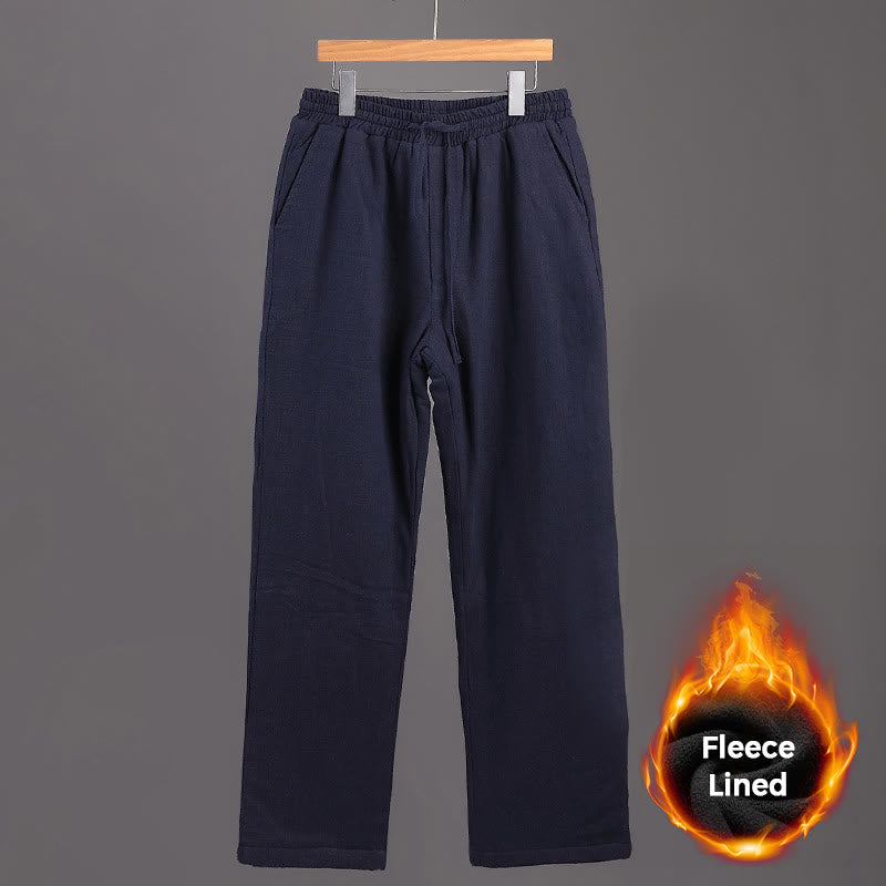 Winter Men's Fleece Lined Drawstring Linen Pants With Pockets
