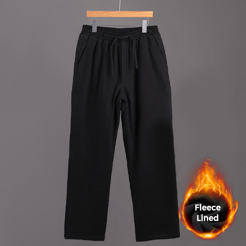 Winter Men's Fleece Lined Drawstring Linen Pants With Pockets