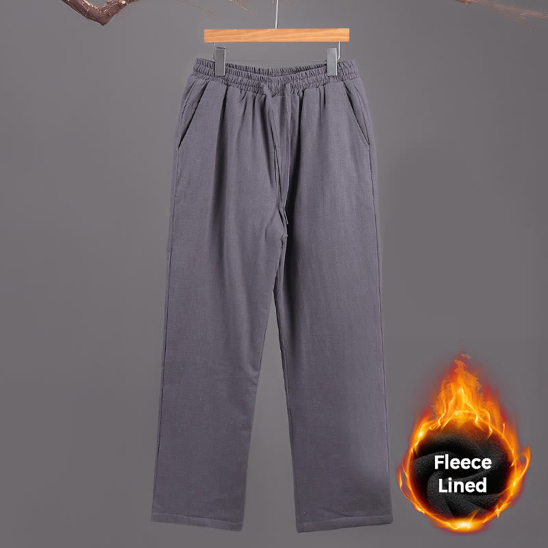 Winter Men's Fleece Lined Drawstring Linen Pants With Pockets