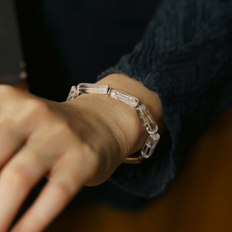 Geometric Square Clear Quartz and Copper Minimalist Band Bracelet