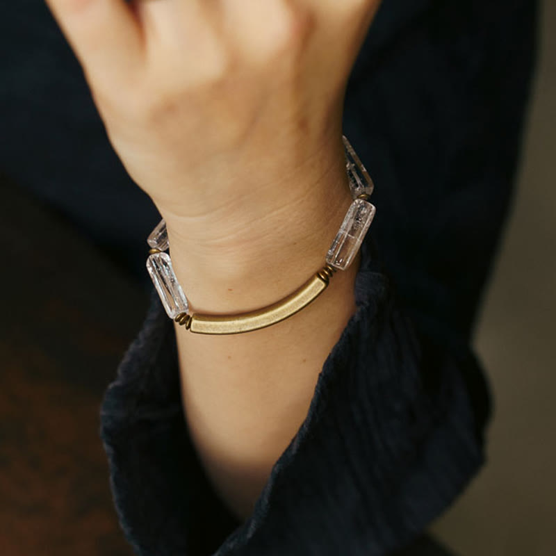 Geometric Square Clear Quartz and Copper Minimalist Band Bracelet