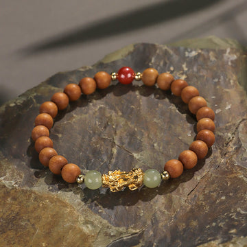 999 Sterling Silver Sandalwood Ebony Wood Small Leaf Red Sandalwood Hetian Jade Cinnabar PiXiu Wealth Bracelet