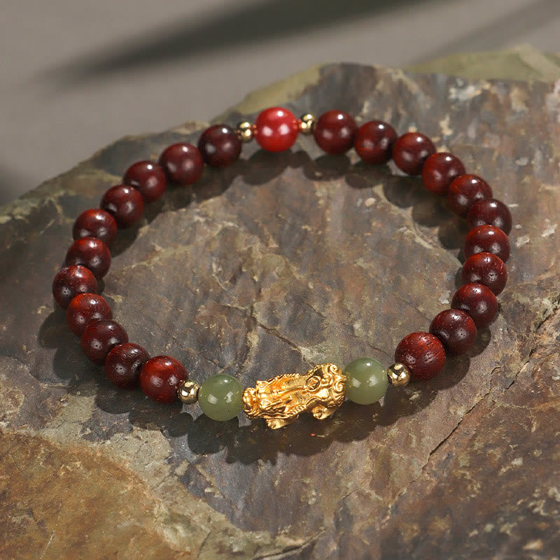 999 Sterling Silver Sandalwood Ebony Wood Small Leaf Red Sandalwood Hetian Jade Cinnabar PiXiu Wealth Bracelet