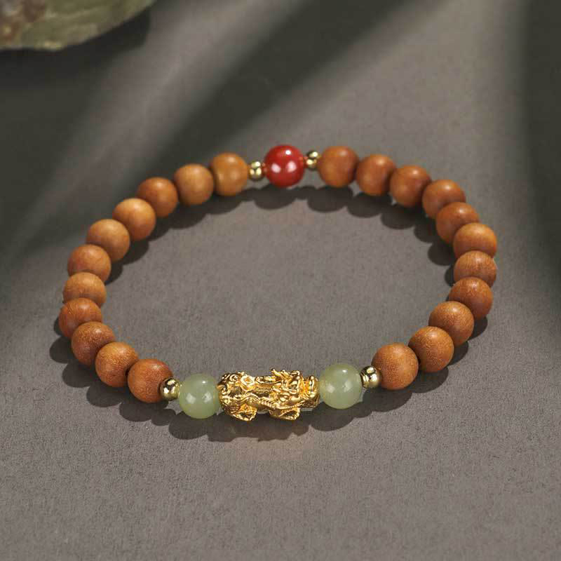 999 Sterling Silver Sandalwood Ebony Wood Small Leaf Red Sandalwood Hetian Jade Cinnabar PiXiu Wealth Bracelet