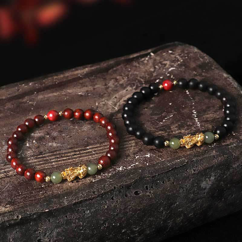 999 Sterling Silver Sandalwood Ebony Wood Small Leaf Red Sandalwood Hetian Jade Cinnabar PiXiu Wealth Bracelet