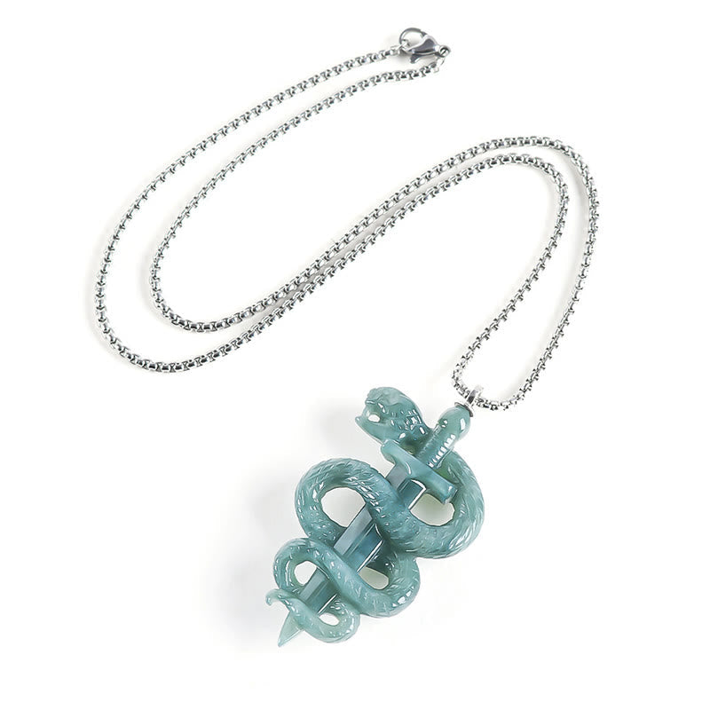 925 Sterling Silver Natural Jade Year Of The Snake Sword Luck Necklace Pendant
