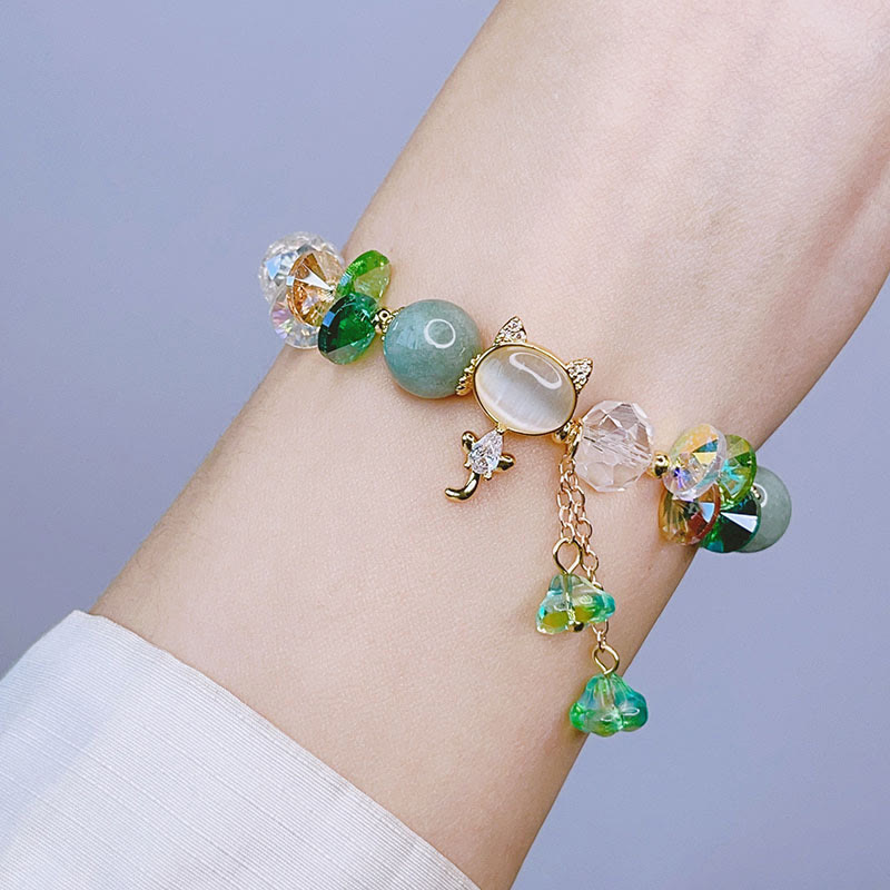 Hand-Carved Cat's Eye & Clear Quartz Beaded Gemstone Bracelet