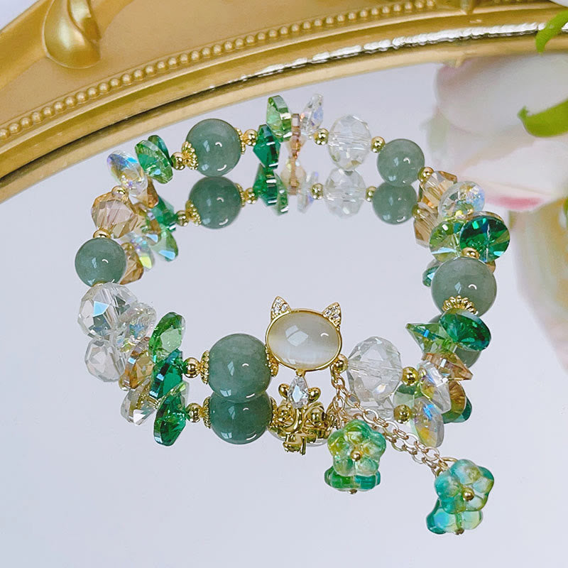 Hand-Carved Cat's Eye & Clear Quartz Beaded Gemstone Bracelet