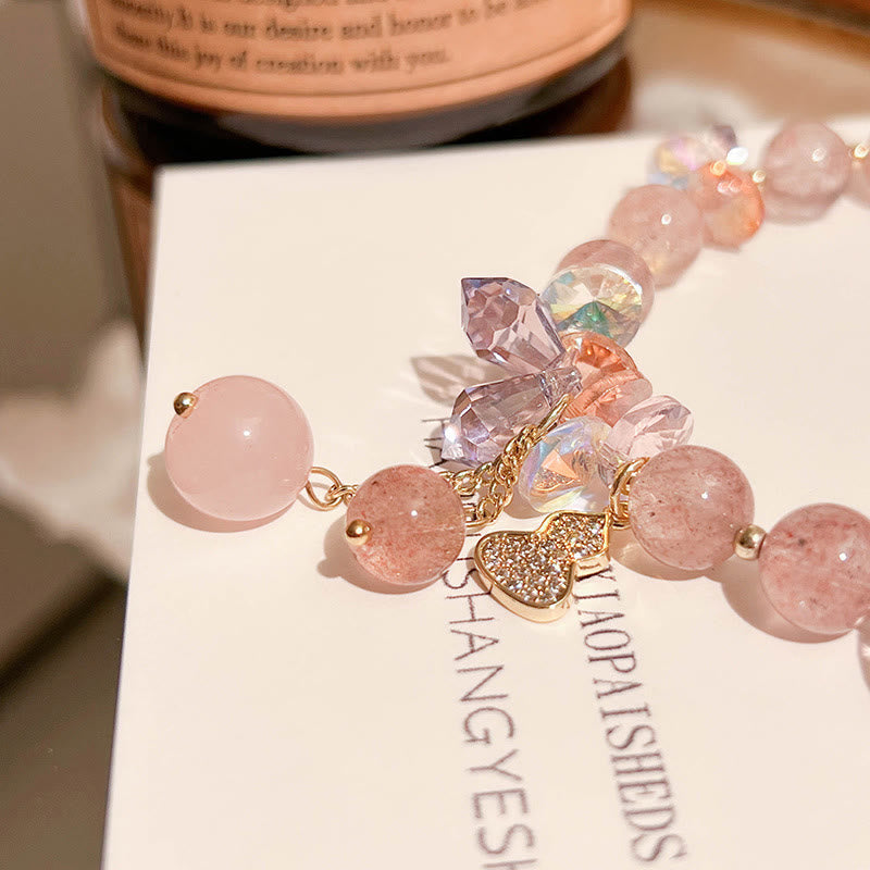 Strawberry Quartz and Clear Quartz Beaded Bracelet with Copper Wu Lou Charm