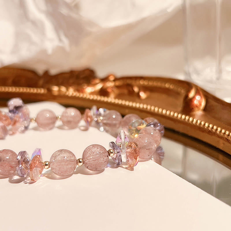 Strawberry Quartz and Clear Quartz Beaded Bracelet with Copper Wu Lou Charm