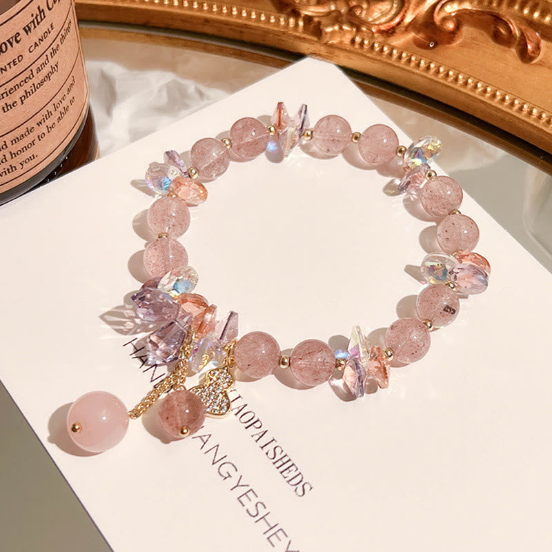 Strawberry Quartz and Clear Quartz Beaded Bracelet with Copper Wu Lou Charm