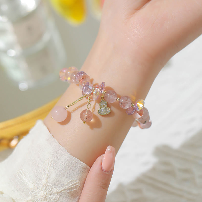 Strawberry Quartz and Clear Quartz Beaded Bracelet with Copper Wu Lou Gourd Charm