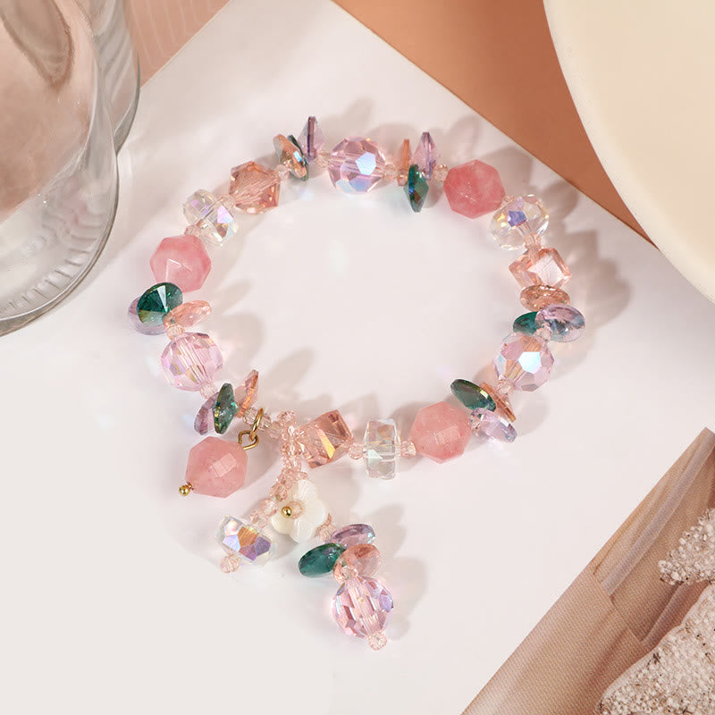 Rose Quartz, Green & Clear Quartz Beaded Flower Bracelet