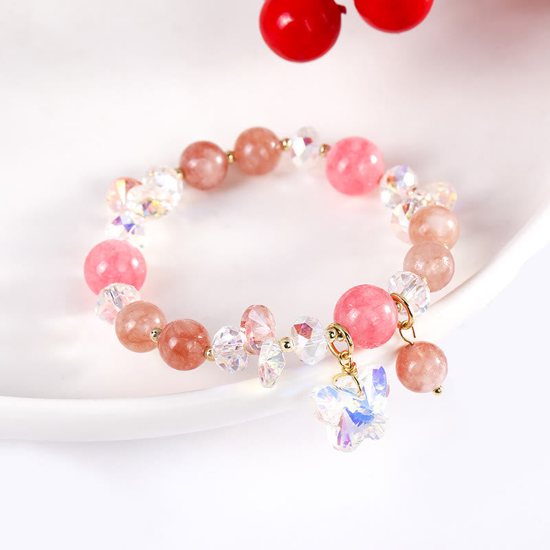 Pink Strawberry Rose & Clear Quartz Beaded Butterfly Charm Bracelet