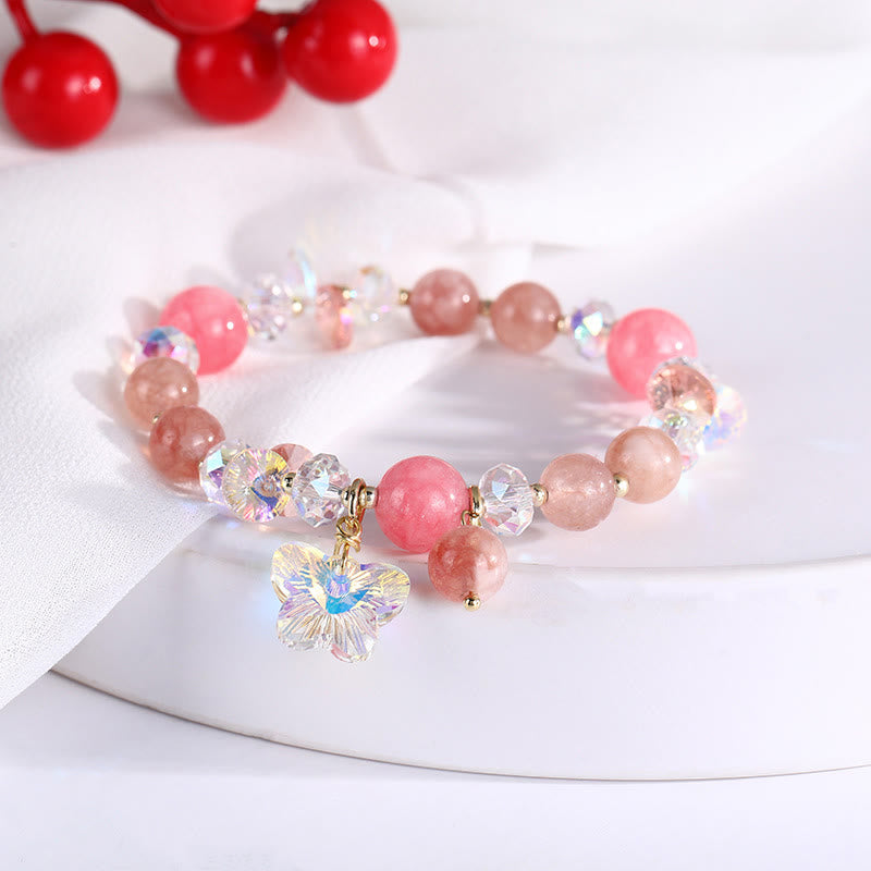 Pink Strawberry Quartz & Clear Quartz Butterfly Love Bracelet