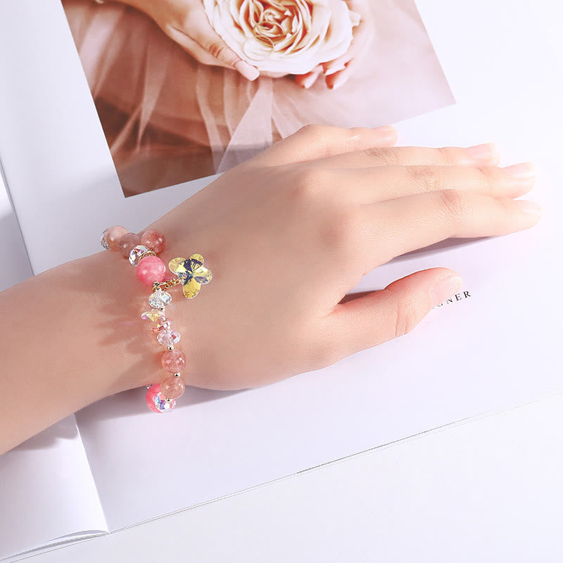 Pink Strawberry Rose & Clear Quartz Beaded Butterfly Charm Bracelet