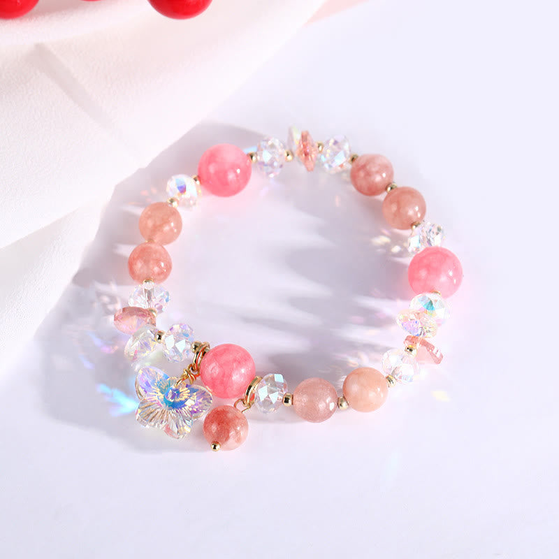 Pink Strawberry Rose & Clear Quartz Beaded Butterfly Charm Bracelet