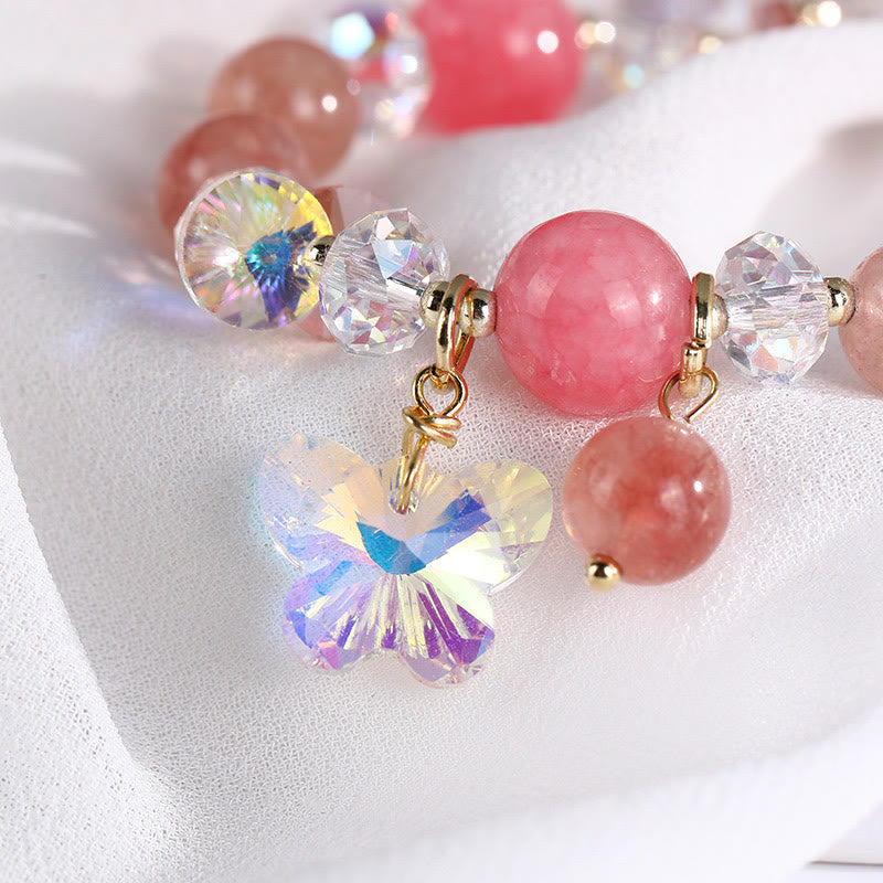 Pink Strawberry Rose & Clear Quartz Beaded Butterfly Charm Bracelet