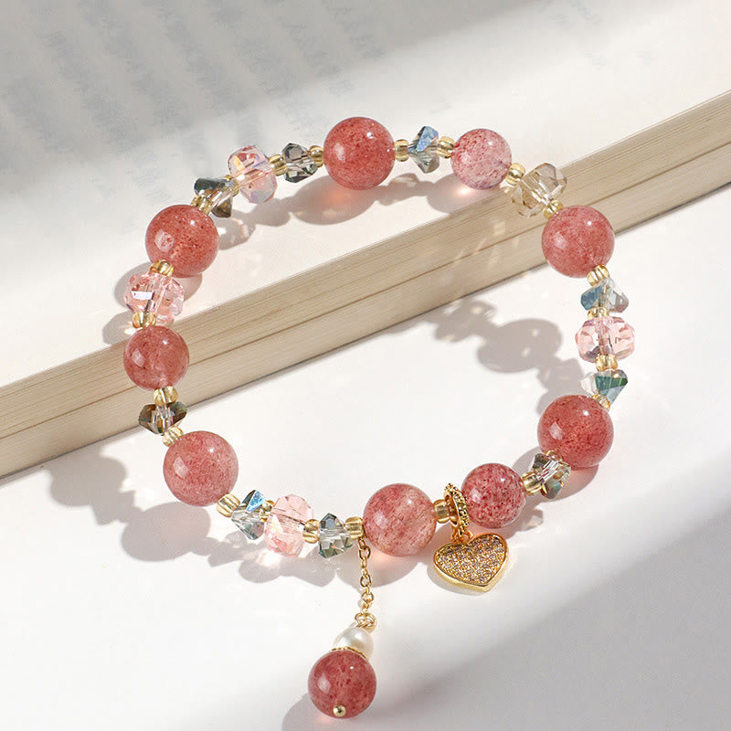Strawberry Quartz White Crystal Pearl Liuli Heart Healing Bracelet