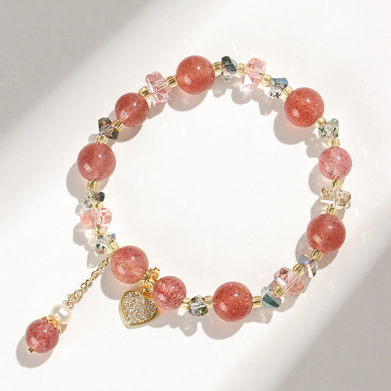 Strawberry Quartz White Crystal Pearl Liuli Heart Healing Bracelet