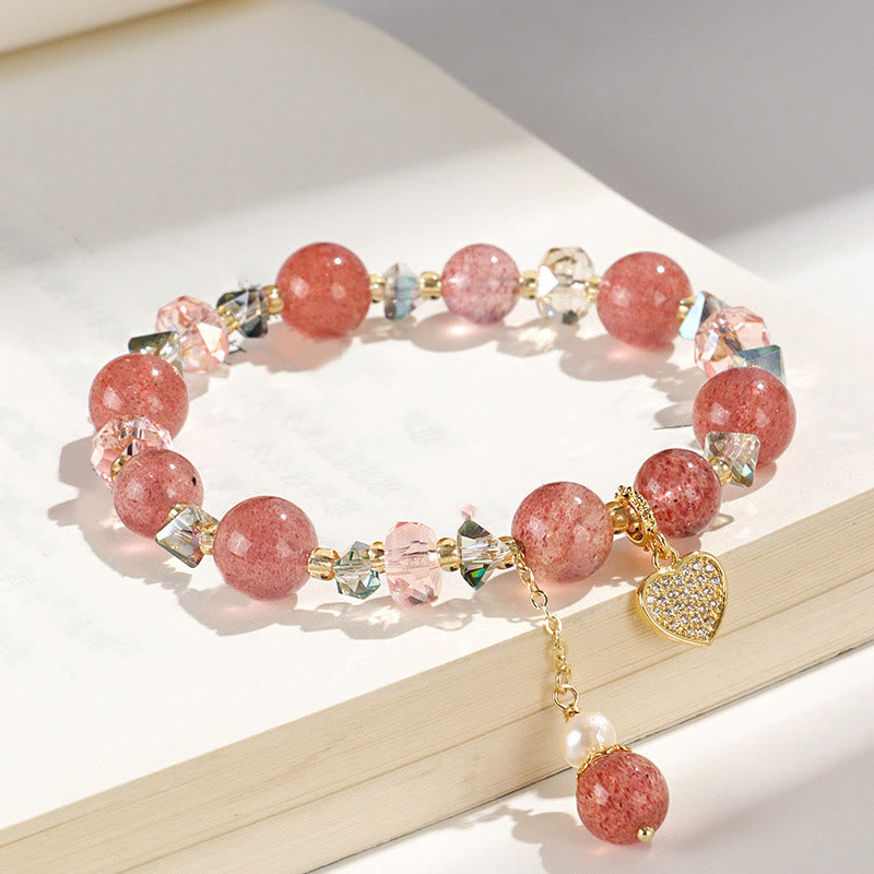 Strawberry Quartz White Crystal Pearl Liuli Heart Healing Bracelet