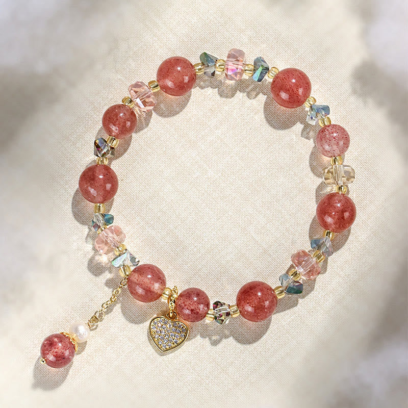 Strawberry Quartz White Crystal Pearl Liuli Heart Healing Bracelet