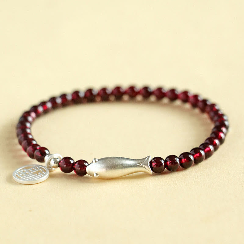 Garnet 925 Sterling Silver Fish Fu Character Purification Bracelet